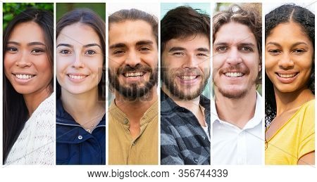 Happy Satisfied Young People Portrait Set. Smiling Diverse Men And Women In Casual Multiple Shot Col