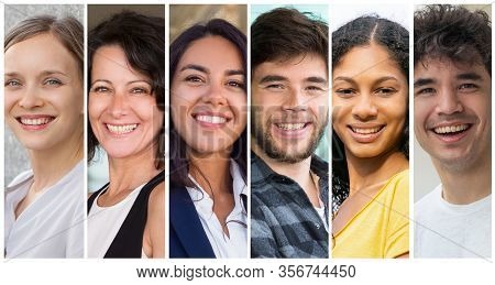Successful Mix Raced Team Members Portrait Set. Happy Multiethnic Men And Women Multiple Shot Collag