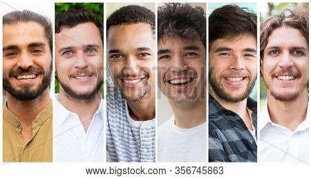 Happy Joyful Multiracial Guys Portrait Set. Cheerful Divers E Young Men In Casual Multiple Shot Coll