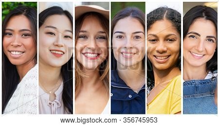 Happy Multiracial College Students Portrait Set. Cheerful Multiethnic Young Women In Casual Multiple