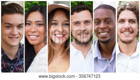 Happy Diverse Young People Portrait Set. Cheerful Smiling Men And Women Multiple Shot Collage. Posit