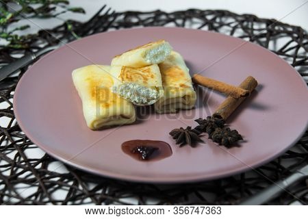 Pancakes With Cottage Cheese , Homemade Traditional Ukrainian Dish Nalysnyky