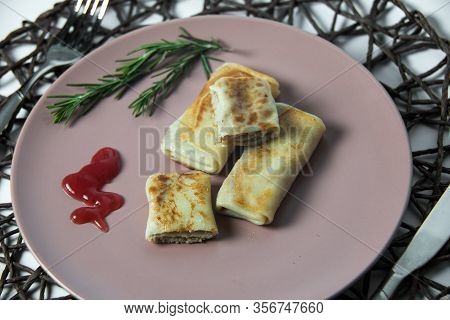 Pancakes With Cottage Meat, Homemade Traditional Ukrainian Dish Nalysnyky