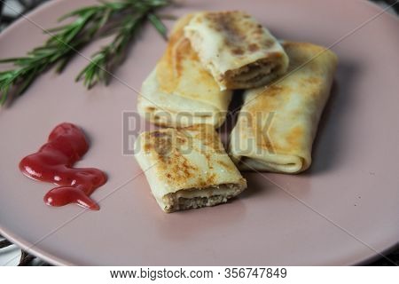 Pancakes With Cottage Meat, Homemade Traditional Ukrainian Dish Nalysnyky