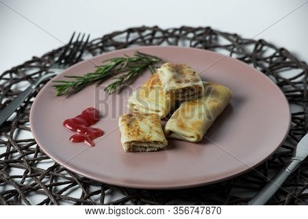 Pancakes With Cottage Meat, Homemade Traditional Ukrainian Dish Nalysnyky