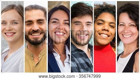 Successful Multiethnic Team Members Portrait Set. Happy Diverse Men And Women Multiple Shot Collage.
