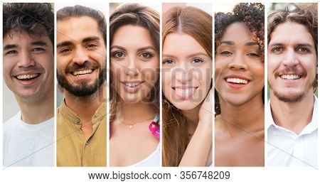 Smiling Attractive Multiracial People Portrait Set. Happy Cheerful Young Men And Women Of Different 