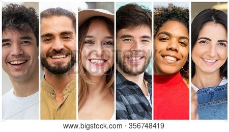 Cheerful Attractive Diverse People Portrait Set. Happy Young Mix Raced Men And Women In Casual Multi
