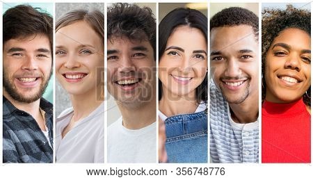Happy Multiethnic Young Entrepreneurs Portrait Set. Cheerful Diverse Men And Women In Casual Multipl