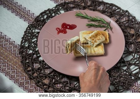 Pancakes With Cottage Meat, Homemade Traditional Ukrainian Dish Nalysnyky
