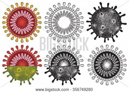 Set Of Vector Hand-drawn Coronavirus Viral Cells In Cross-section. Virion Covid-19. Outbreak Of Coro