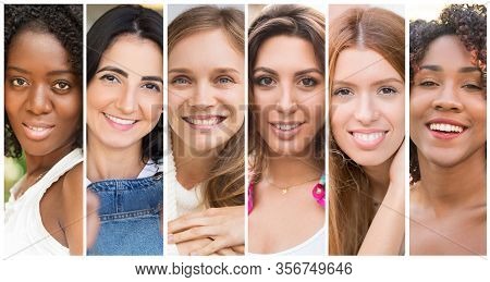 Positive Smiling Multiethnic Ladies Portrait Set. Happy Young Women Of Different Races Multiple Shot