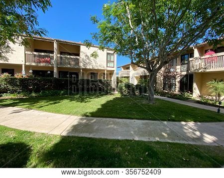 Garden And Lawn Along The Walk Path Through The Typical Condo Complex Building. In Solana Beach, San