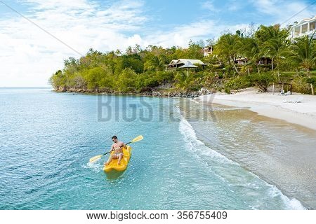 St Lucia Caribbean Sea, Young Guy On Vacation At The Tropical Island Saint Lucia, Men In Swim Short 