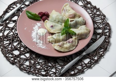 Dumplings With Cherry, Homemade Traditional Ukrainian Dish Varenyky