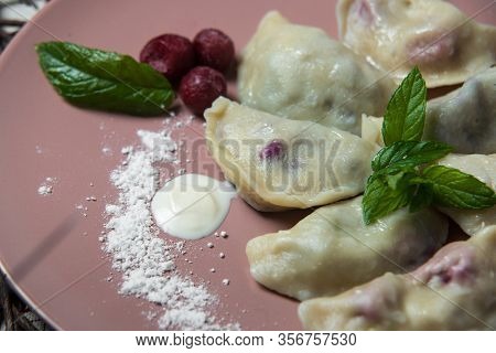 Dumplings With Cherry, Homemade Traditional Ukrainian Dish Varenyky