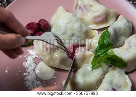 Dumplings With Cherry, Homemade Traditional Ukrainian Dish Varenyky