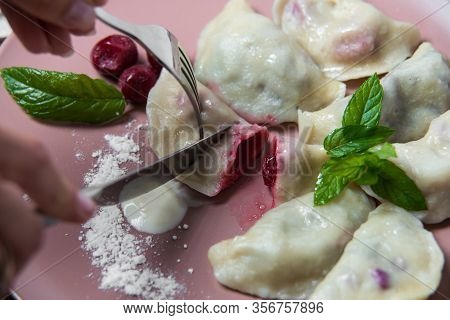 Dumplings With Cherry, Homemade Traditional Ukrainian Dish Varenyky