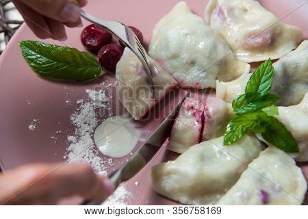 Dumplings With Cherry, Homemade Traditional Ukrainian Dish Varenyky
