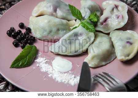 Dumplings With Bilberry, Homemade Traditional Ukrainian Dish Varenyky