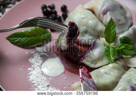 Dumplings With Bilberry, Homemade Traditional Ukrainian Dish Varenyky