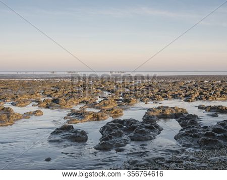 Aerial View Of Horizon Over Sea, With Mounds Of Mud In The Foreground, National Park And Unesco Worl