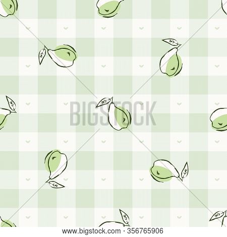 Hand Drawn Whimsical Pear Gingham Seamless Pattern. Vector Vintage Check Retro Fruit Background. Gre