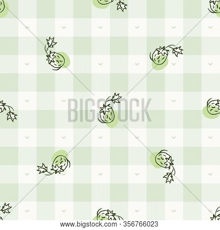 Hand Drawn Whimsical Strawberry Gingham Seamless Pattern. Vector Vintage Check Retro Fruit Backgroun