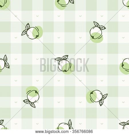 Hand Drawn Whimsical Apple Gingham Seamless Pattern. Vector Vintage Check Retro Fruit Background. Gr