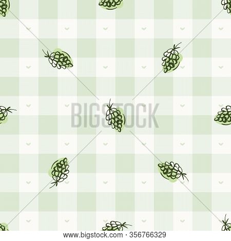 Hand Drawn Whimsical Grape Gingham Seamless Pattern. Vector Vintage Check Retro Fruit Background. Gr
