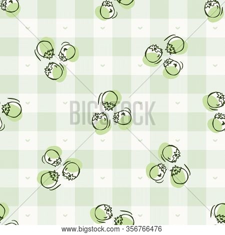 Hand Drawn Whimsical Berries Gingham Seamless Pattern. Vector Vintage Check Retro Fruit Background. 