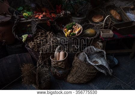 Various Foods In Foreground In Vertical Photo Darkened At Their Edges