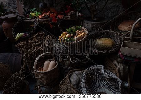Various Foods In Foreground In Vertical Photo Darkened At Their Edges