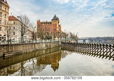 Prague, Czech Republic - March 19, 2020. Smetanovo Nabrezi - Smetana Riverbank During Coronavirus Cr