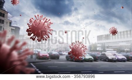Coronavirus Covid-19. Pathogen Respiratory Influenza Covid Virus Cells. Dangerous Flu Strain. Flying