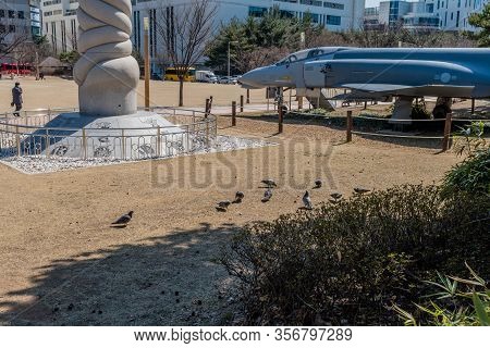 Daejeon, South Korea; March 16, 2020: Pigeons Feeding On Ground Next To Mcdonald Douglas Phantom F4 