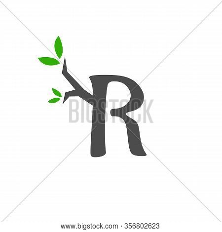 R Letter Symbol Design Vector Illustration With Trunk And Leaf. Creative Design Letter R Symbol. Vec