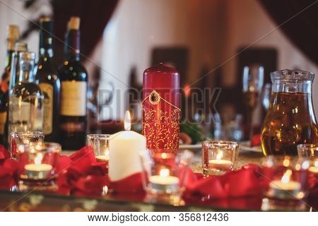 Cutlery And Glasses. Dinner In The Restaurant. Candles On The Table. Banquet Hall. The Wedding Feast