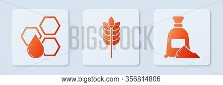 Set Cereals With Rice, Wheat, Corn, Oats, Rye, Honeycomb And Bag Of Flour. White Square Button. Vect