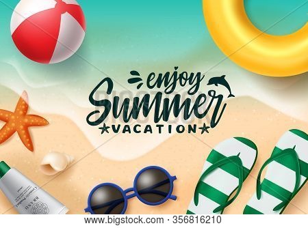 Summer Vector Banner Design. Summer Vacation Text In Beach Seaside Background With Beach Elements Li