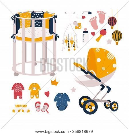 A Set Of Baby Care Items. 
Crib And Stroller With Other Items. Vector Illustration