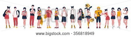 A Group Of Teenagers In Medical Masks With Backpacks And Books. Vector Illustration On White Backgro