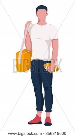 A Boy Is A Teenager With A Sports Bag On His Shoulder And A Ball In His Hands. A Young Student On A 