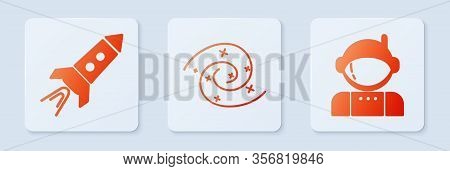 Set Black Hole, Rocket Ship With Fire And Astronaut. White Square Button. Vector