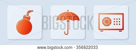 Set Umbrella, Bomb Ready To Explode And Safe. White Square Button. Vector