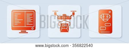 Set Drone Delivery Concept, Computer Monitor Screen And Bot. White Square Button. Vector