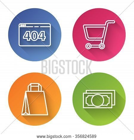 Set Line Page With A 404 Error, Shopping Cart, Paper Shopping Bag And Stacks Paper Money Cash. Color
