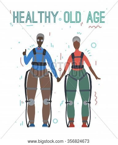 Pair Of African Happy Healthy Old People In Exosuits With Lettering. Innovation In Medicine. Elderly