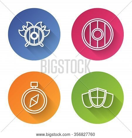 Set Line Medieval Shield With Crossed Axes, Round Wooden Shield, Compass And Shield. Color Circle Bu