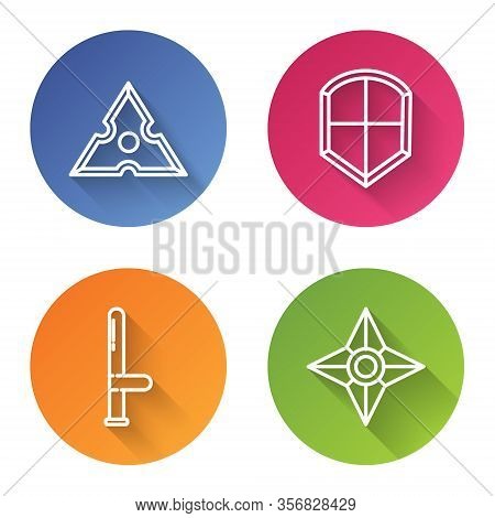 Set Line Japanese Ninja Shuriken, Shield, Police Rubber Baton And Japanese Ninja Shuriken. Color Cir
